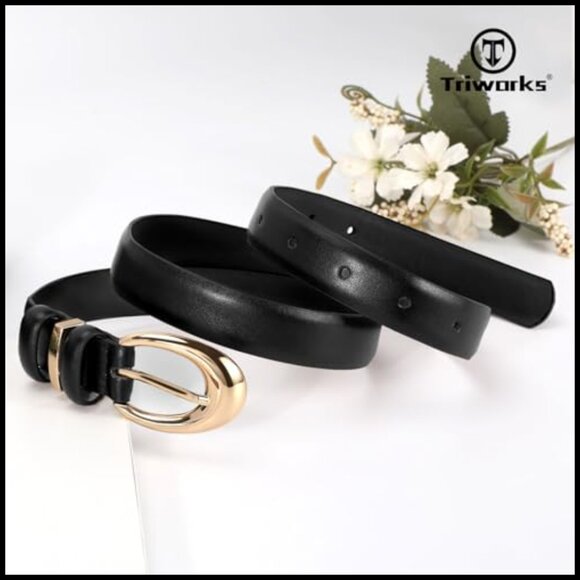 Women\'s Faux Leather Skinny Belt with Gold Buckle for Jeans